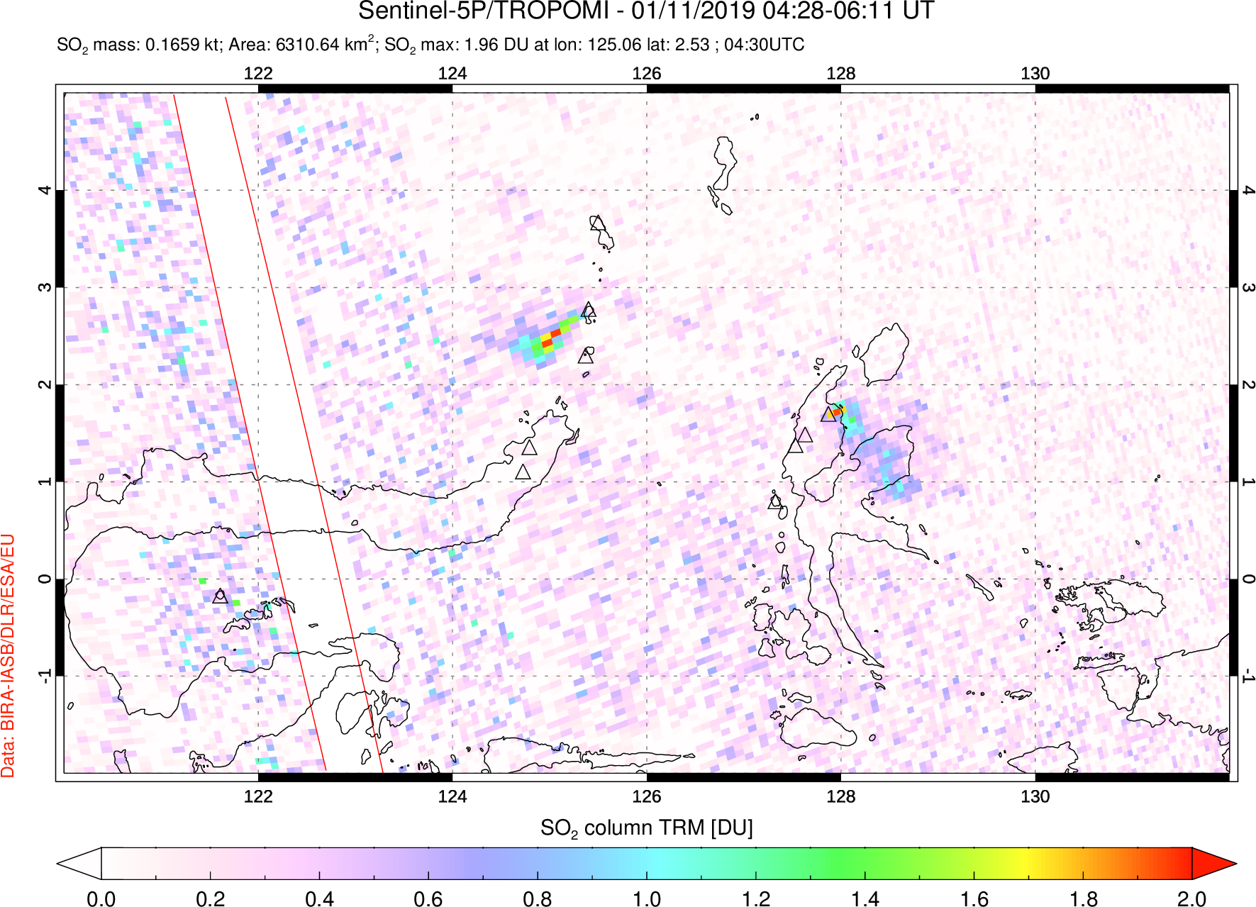 A sulfur dioxide image over Northern Sulawesi & Halmahera, Indonesia on Jan 11, 2019.