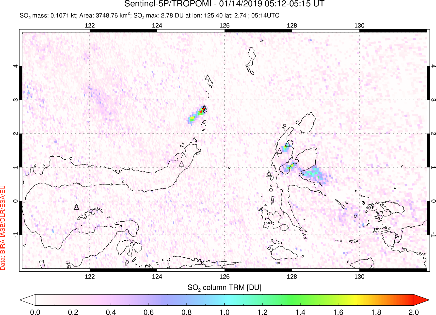 A sulfur dioxide image over Northern Sulawesi & Halmahera, Indonesia on Jan 14, 2019.