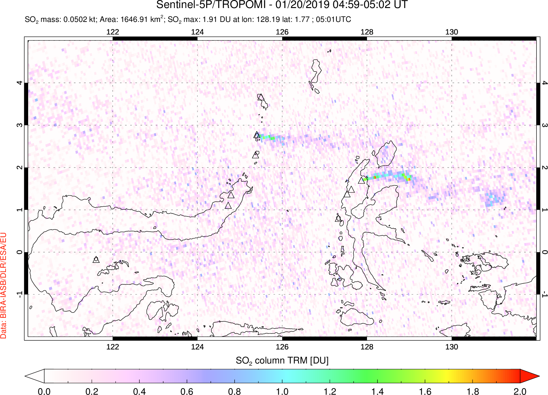 A sulfur dioxide image over Northern Sulawesi & Halmahera, Indonesia on Jan 20, 2019.