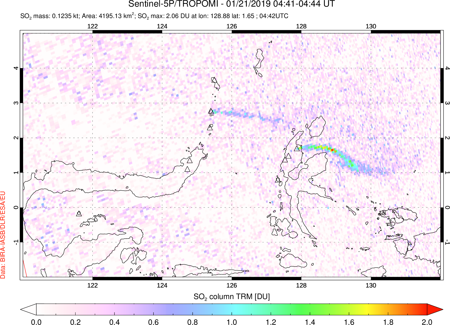A sulfur dioxide image over Northern Sulawesi & Halmahera, Indonesia on Jan 21, 2019.