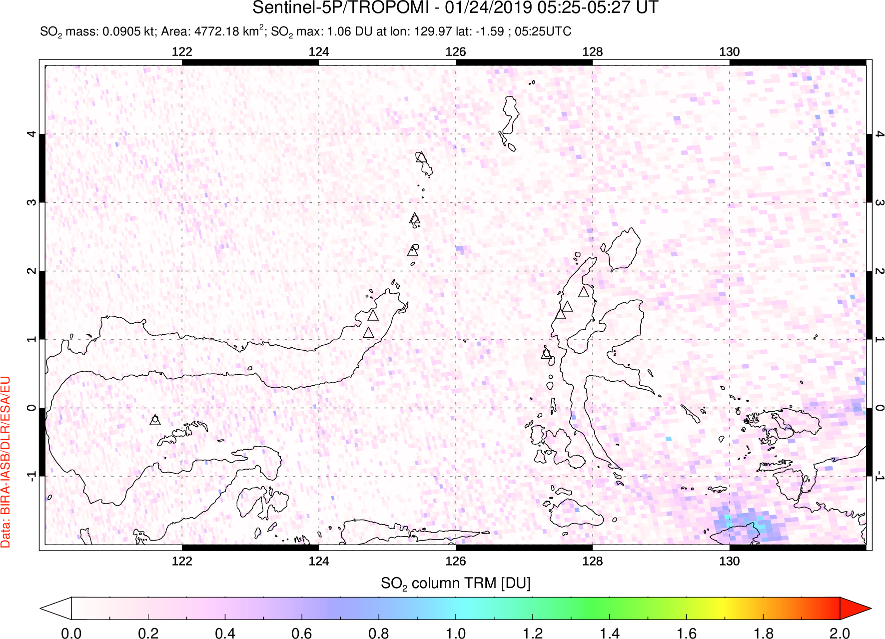 A sulfur dioxide image over Northern Sulawesi & Halmahera, Indonesia on Jan 24, 2019.