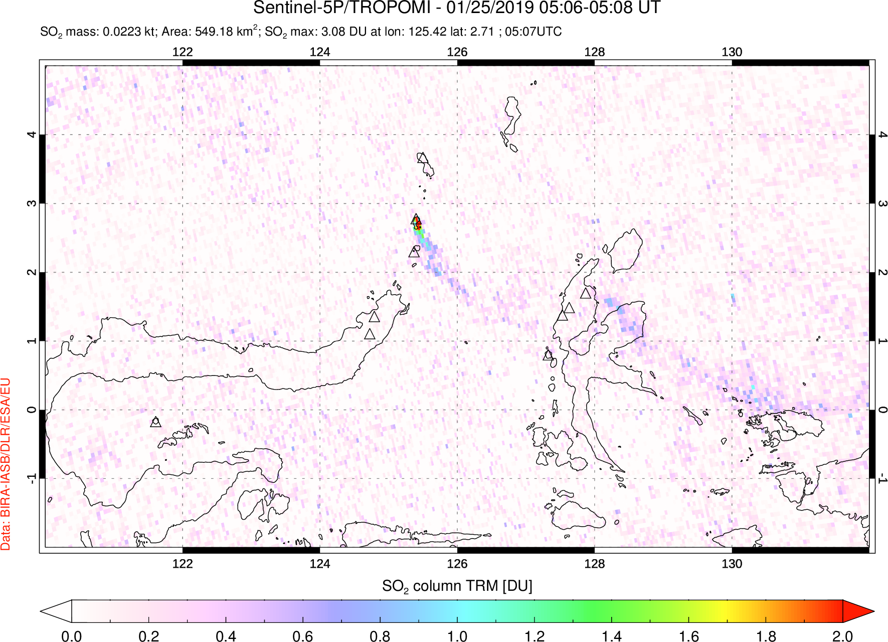 A sulfur dioxide image over Northern Sulawesi & Halmahera, Indonesia on Jan 25, 2019.