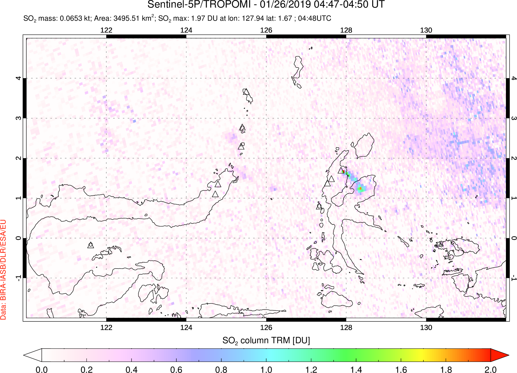 A sulfur dioxide image over Northern Sulawesi & Halmahera, Indonesia on Jan 26, 2019.