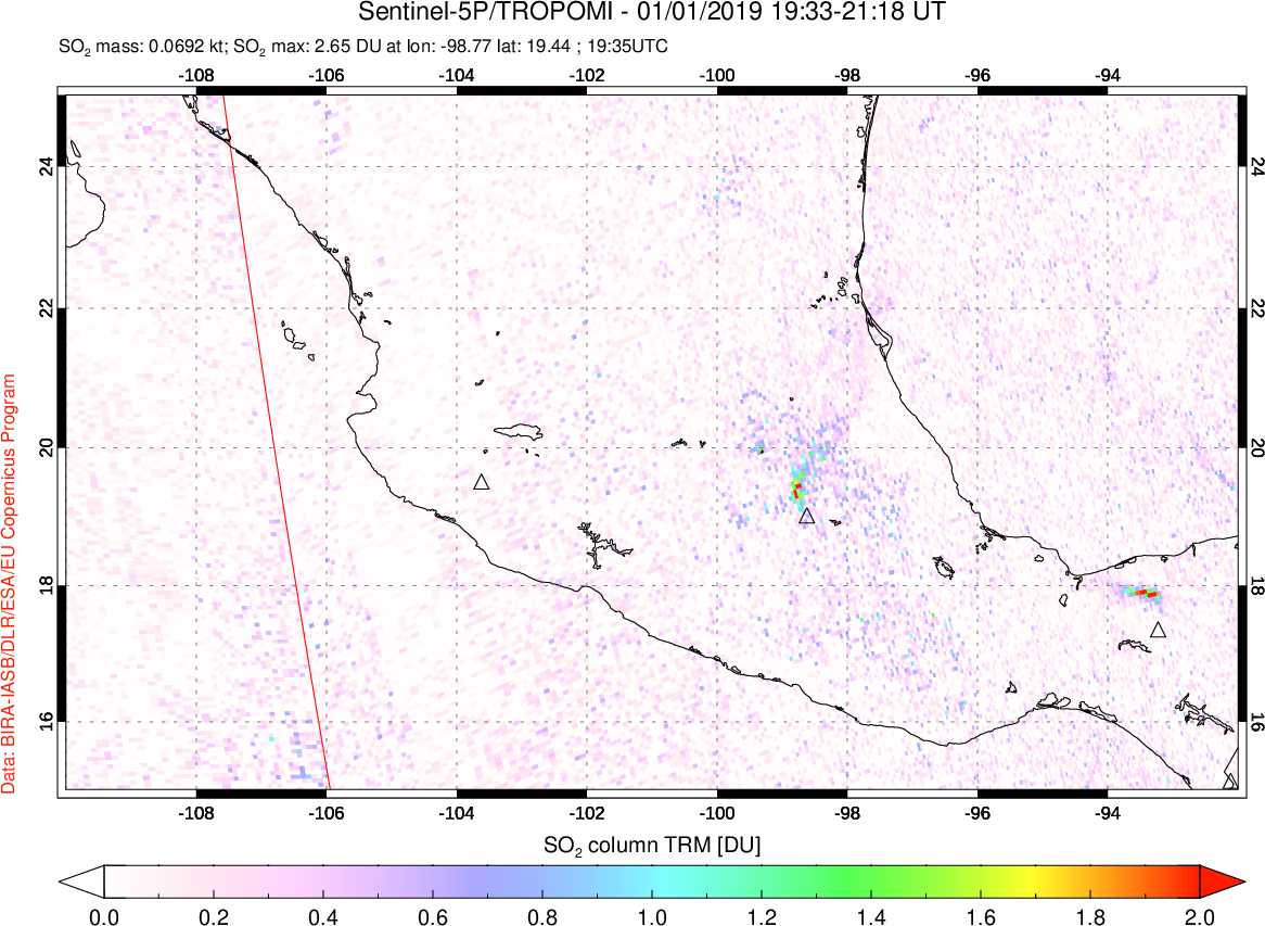 A sulfur dioxide image over Mexico on Jan 01, 2019.