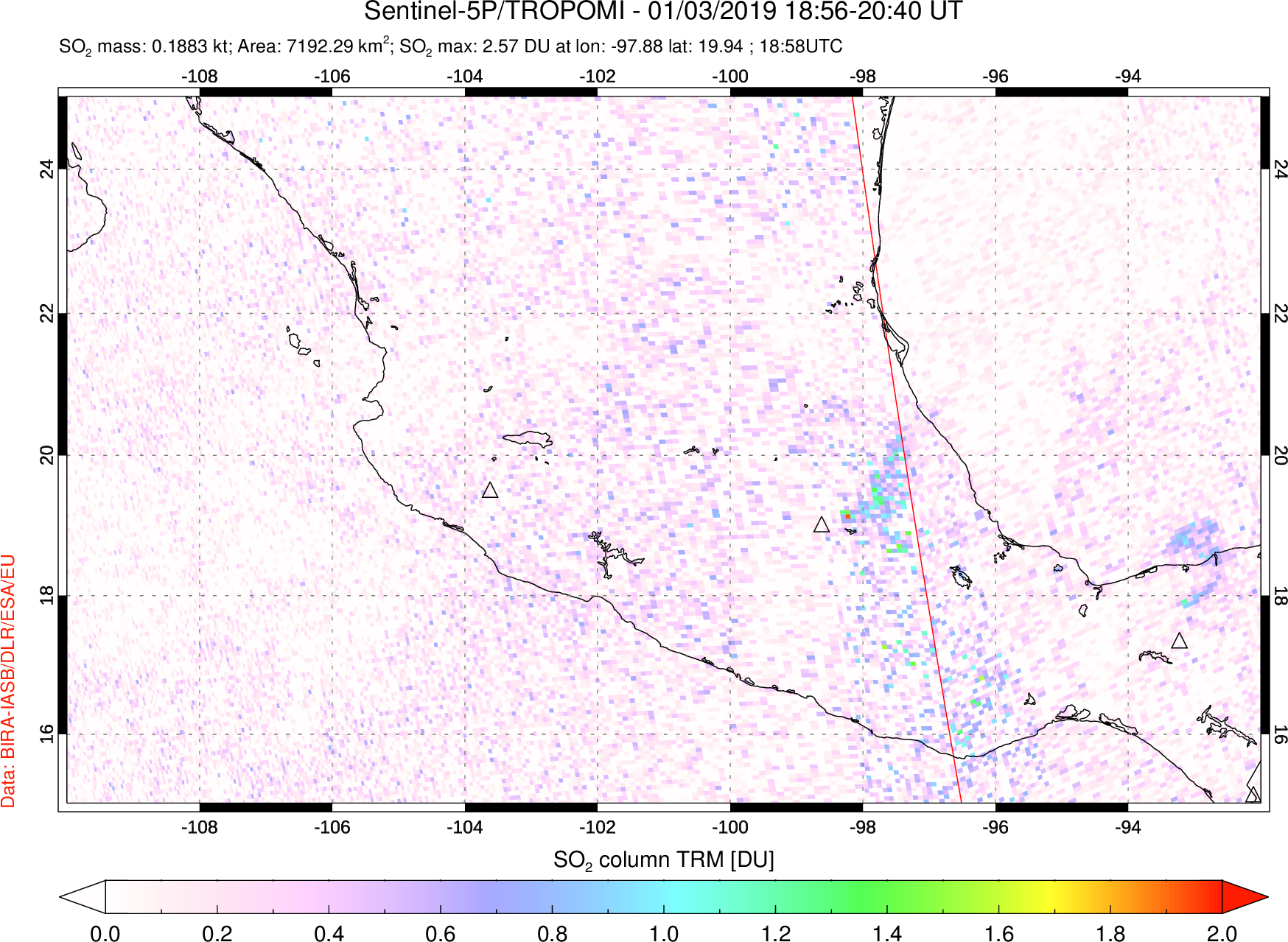A sulfur dioxide image over Mexico on Jan 03, 2019.