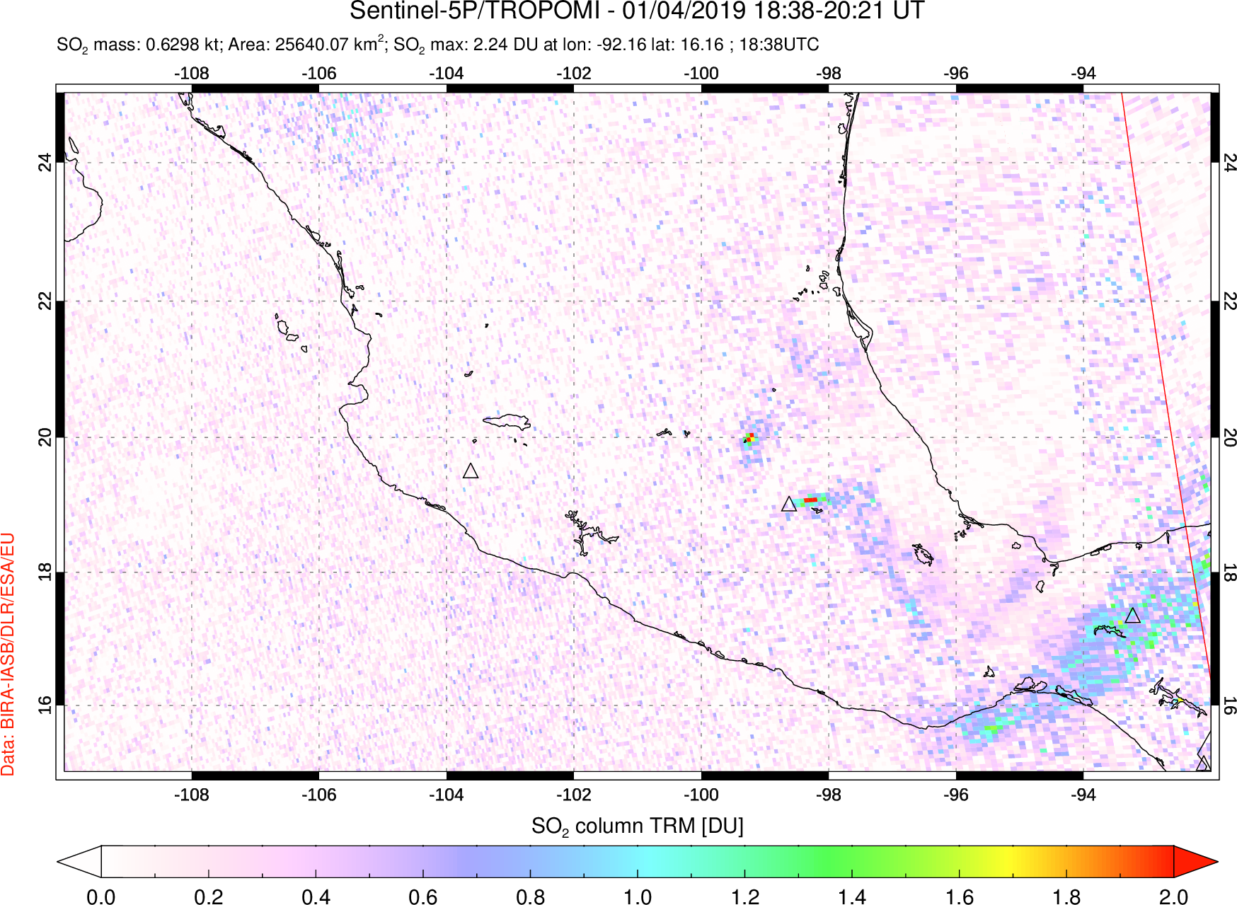 A sulfur dioxide image over Mexico on Jan 04, 2019.
