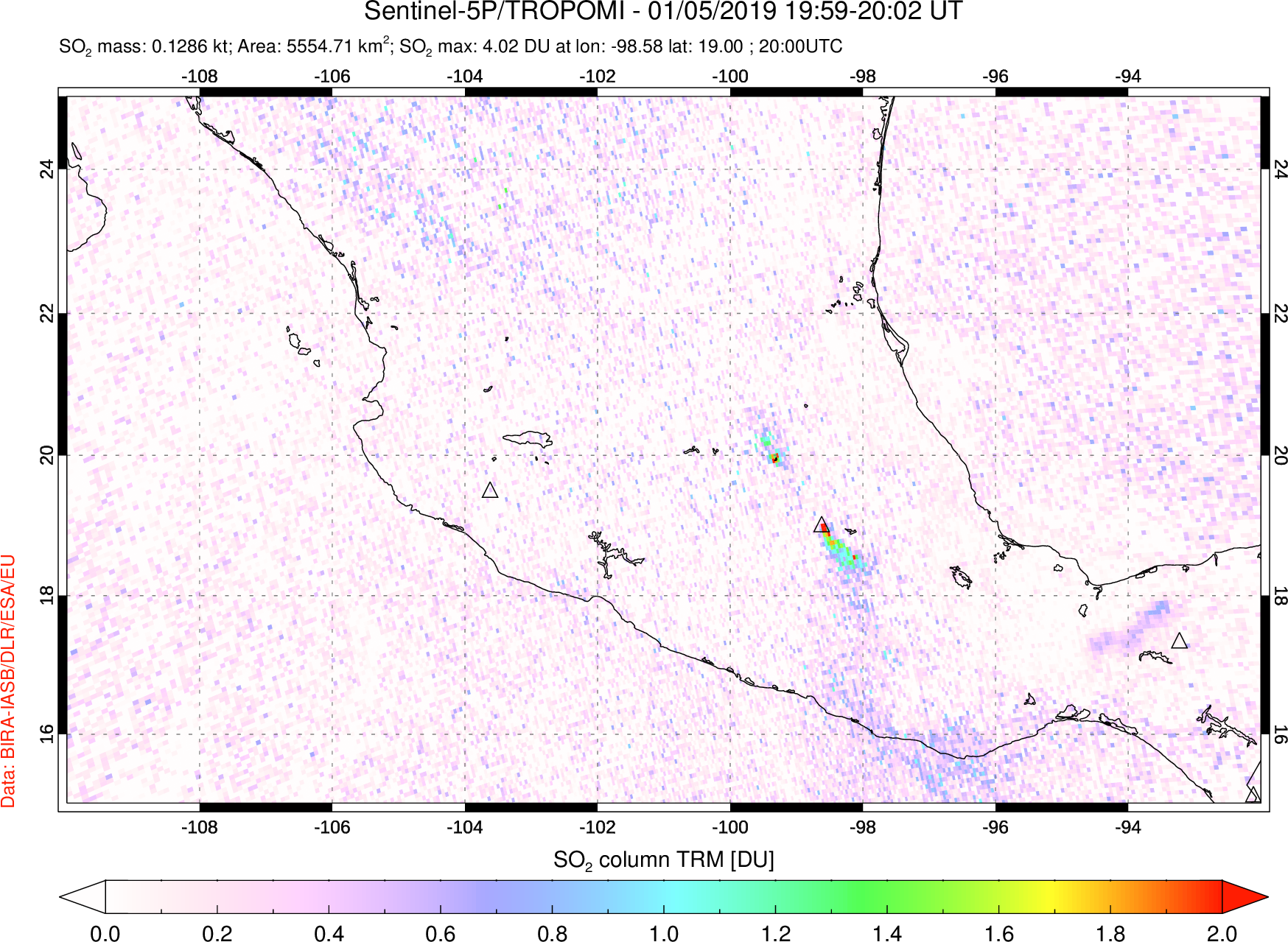 A sulfur dioxide image over Mexico on Jan 05, 2019.