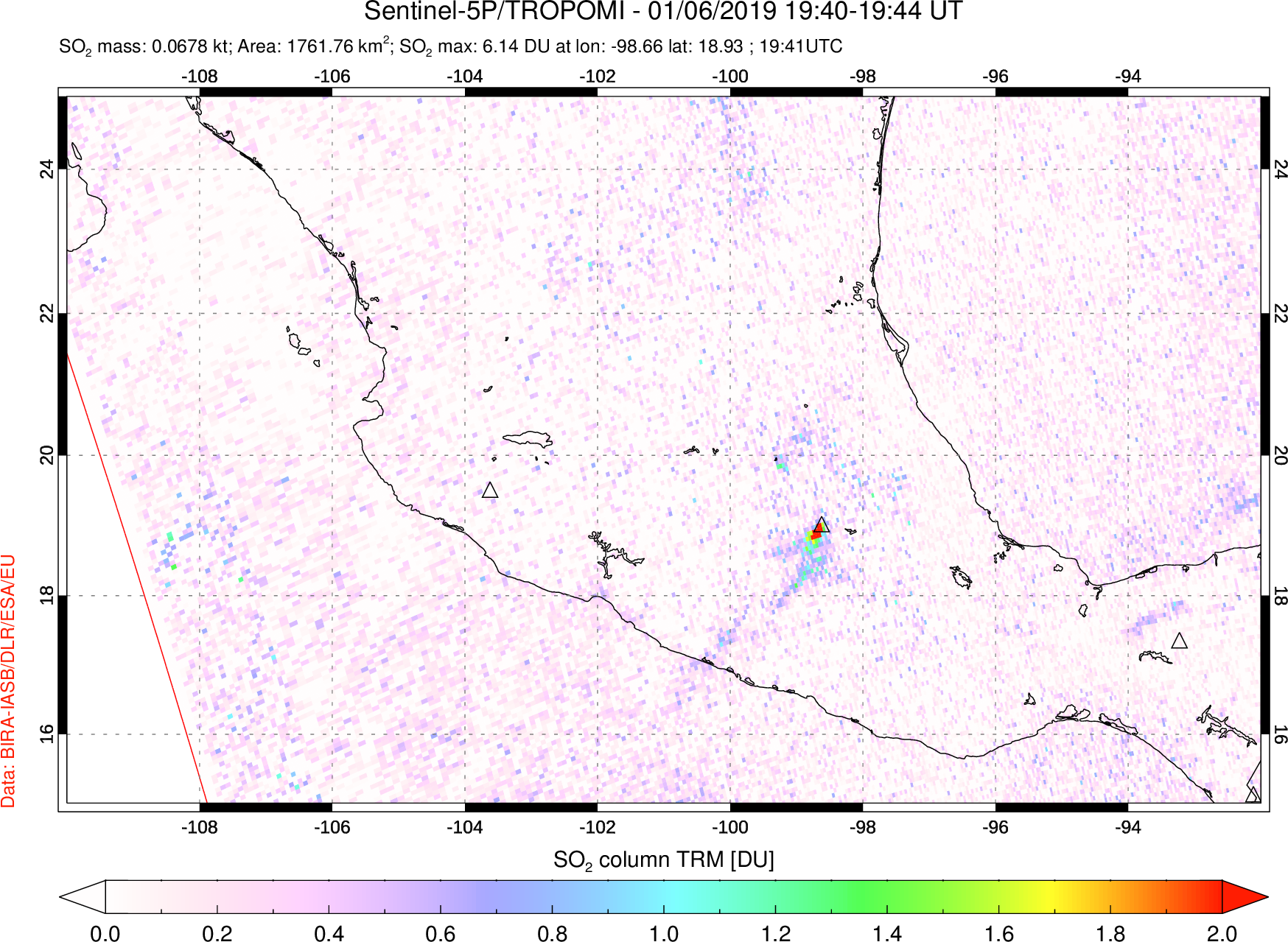 A sulfur dioxide image over Mexico on Jan 06, 2019.