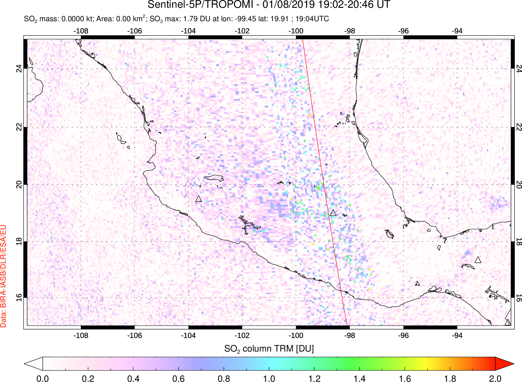 A sulfur dioxide image over Mexico on Jan 08, 2019.