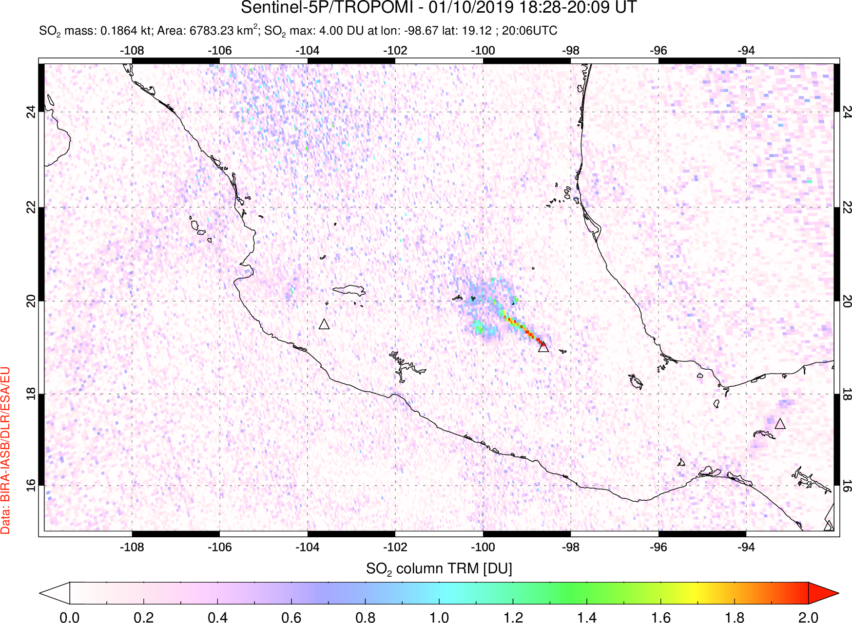 A sulfur dioxide image over Mexico on Jan 10, 2019.