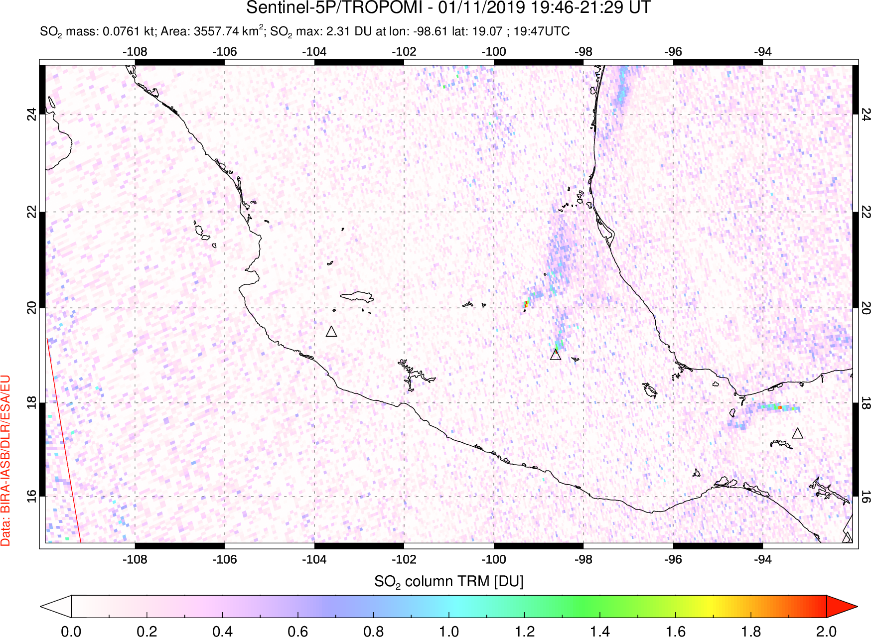 A sulfur dioxide image over Mexico on Jan 11, 2019.