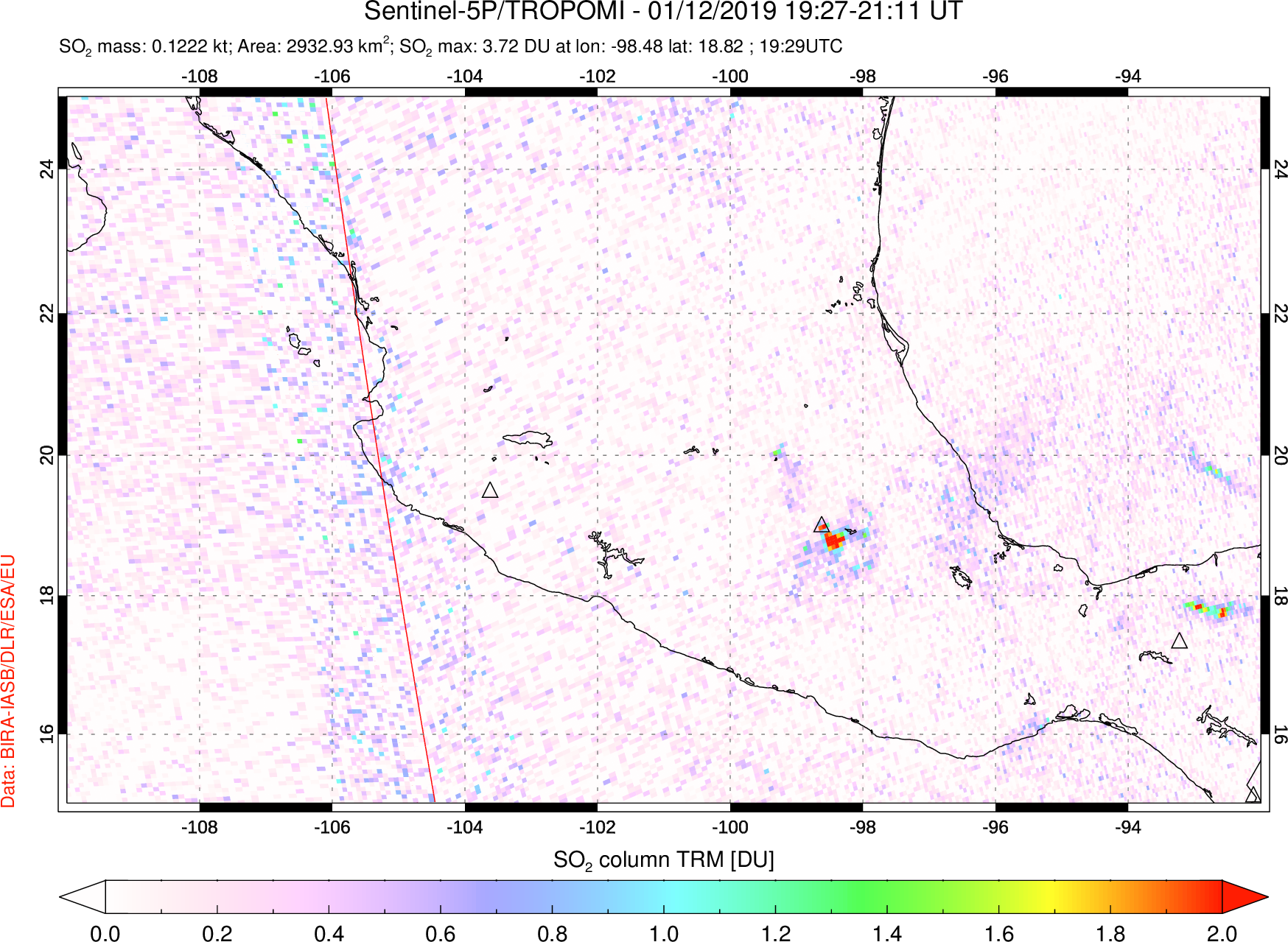 A sulfur dioxide image over Mexico on Jan 12, 2019.