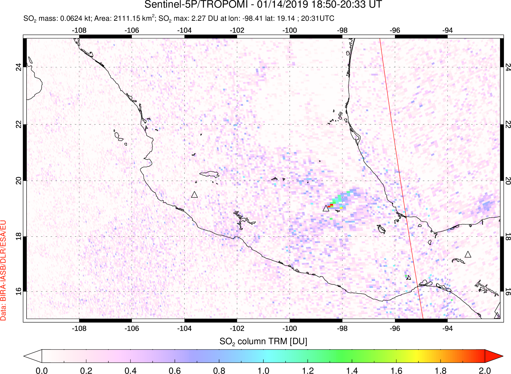 A sulfur dioxide image over Mexico on Jan 14, 2019.