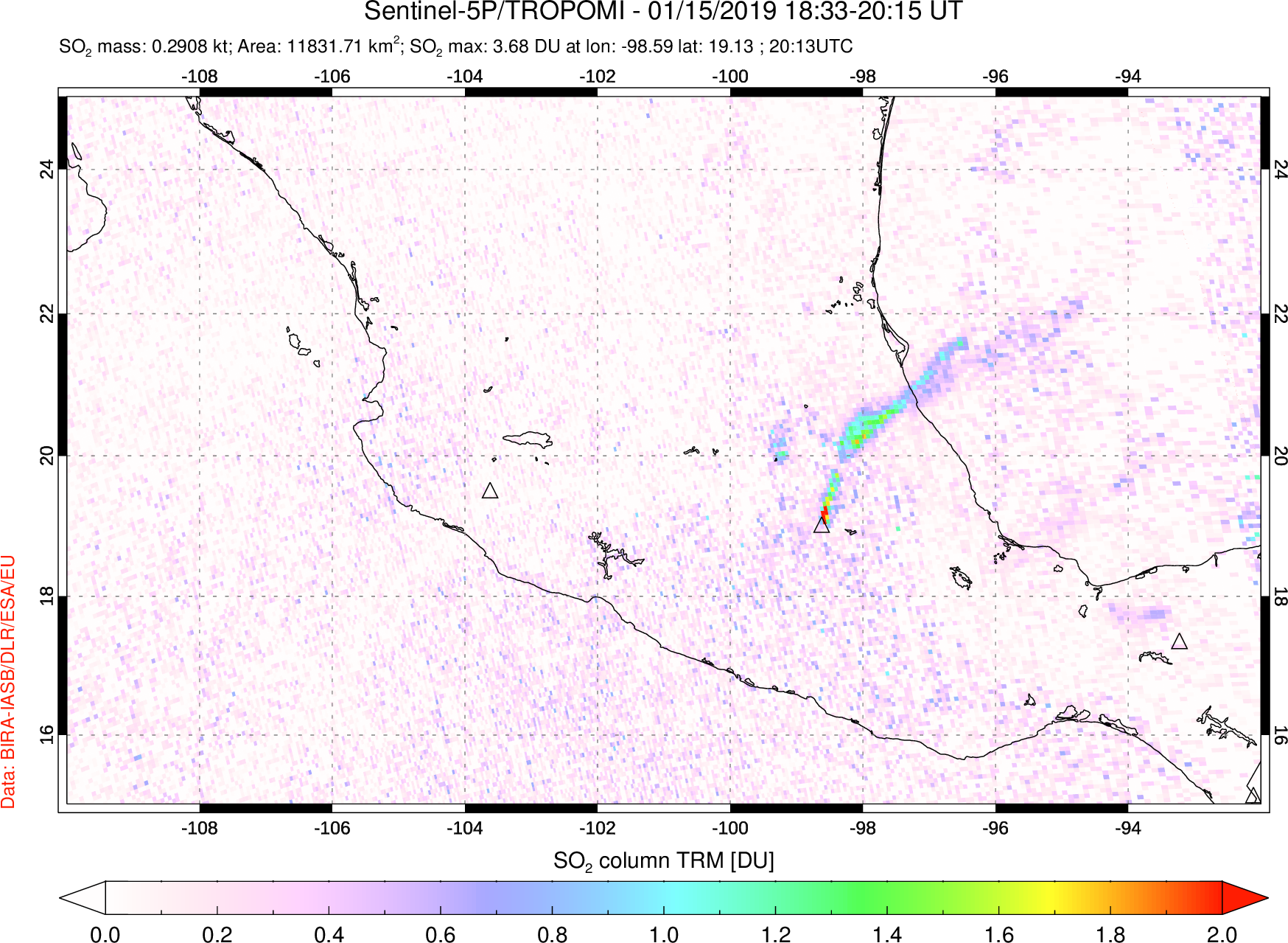 A sulfur dioxide image over Mexico on Jan 15, 2019.