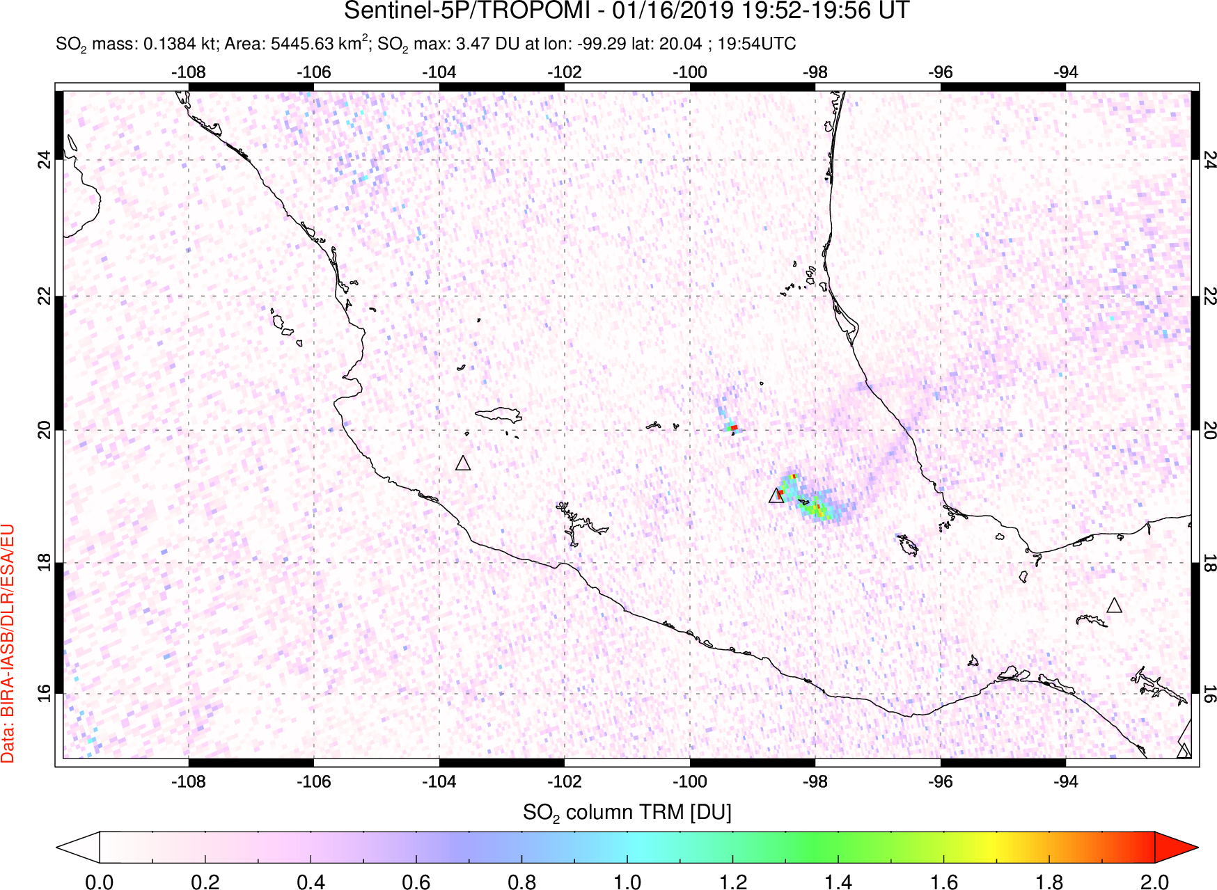 A sulfur dioxide image over Mexico on Jan 16, 2019.