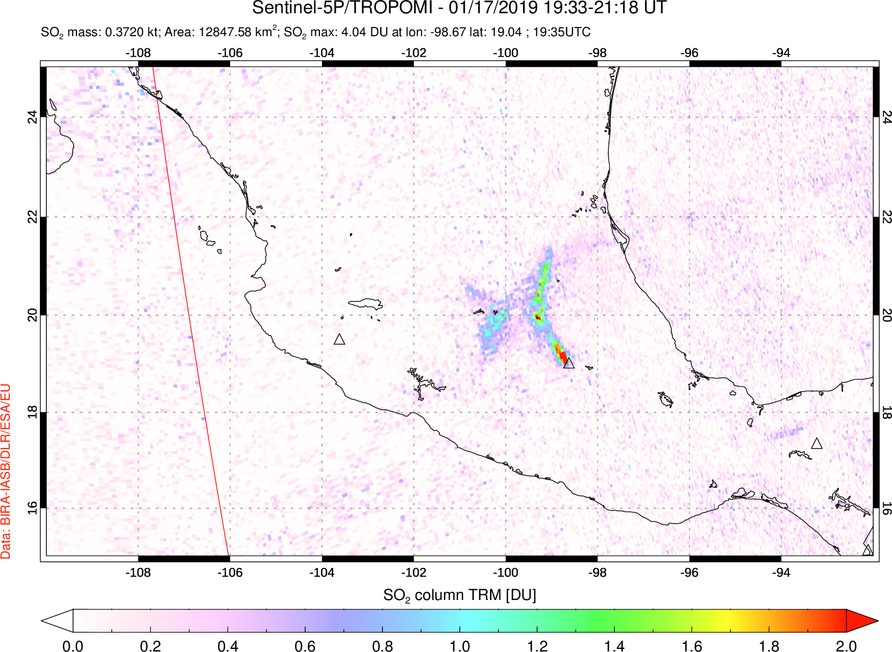 A sulfur dioxide image over Mexico on Jan 17, 2019.