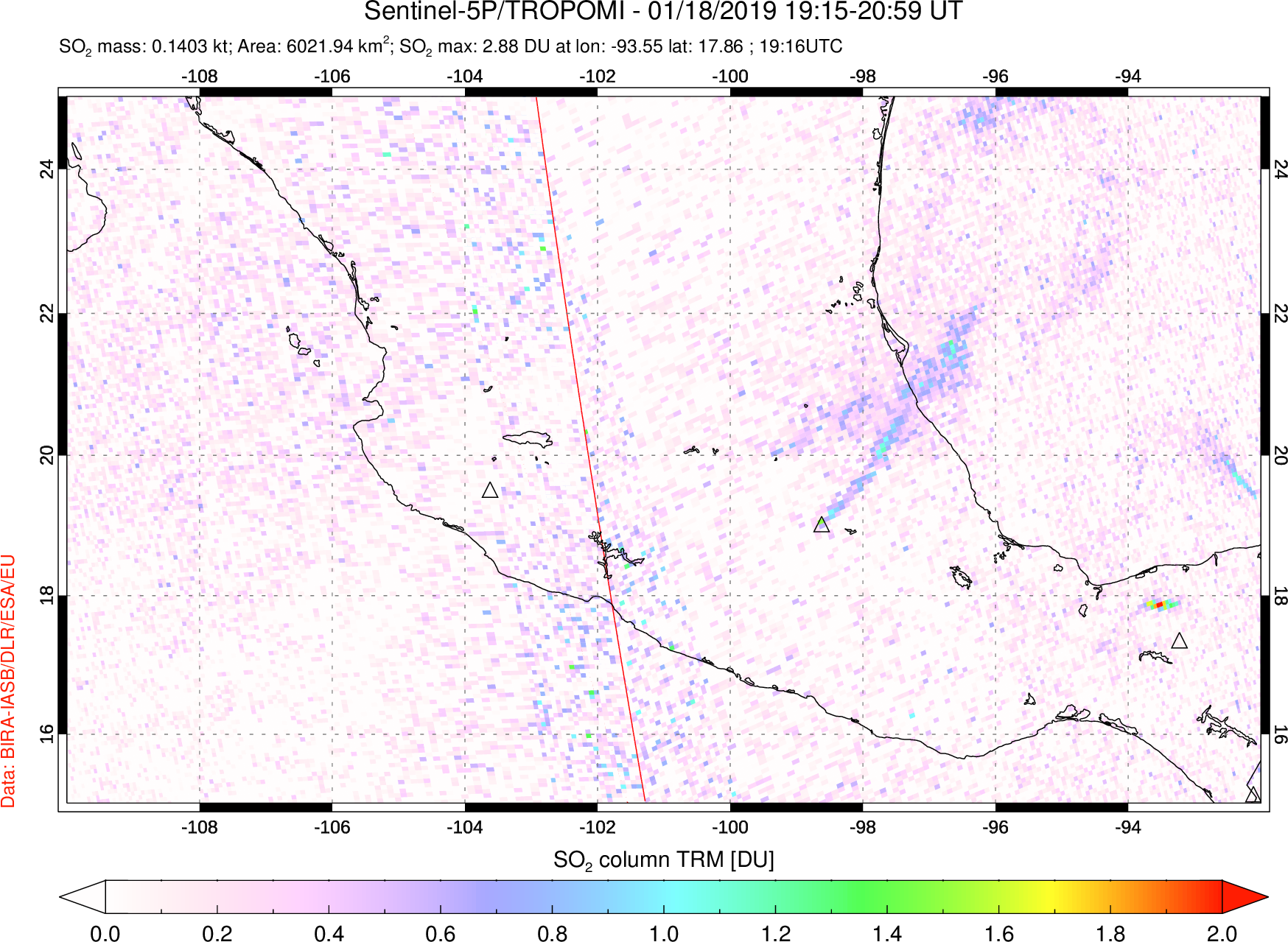 A sulfur dioxide image over Mexico on Jan 18, 2019.