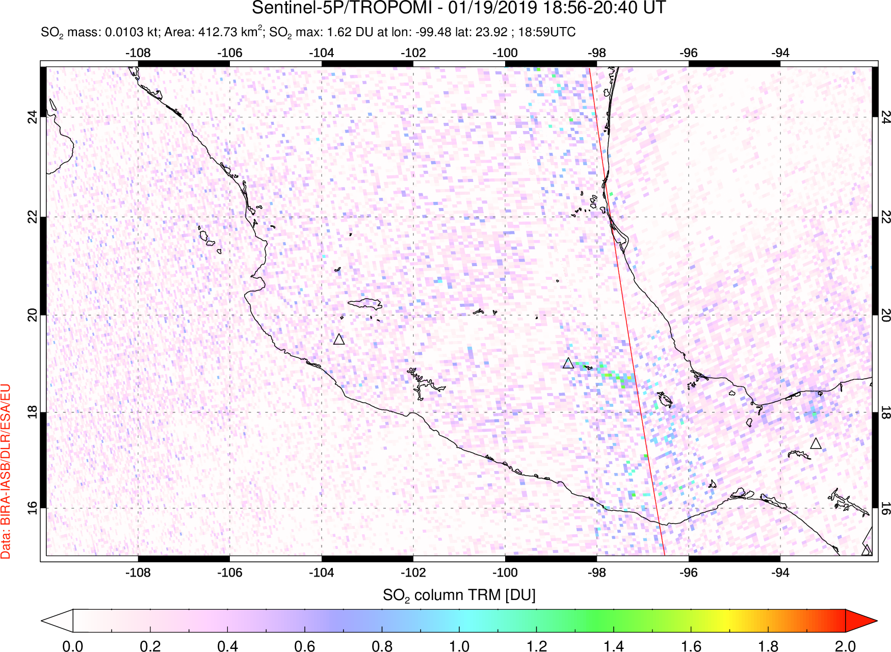 A sulfur dioxide image over Mexico on Jan 19, 2019.