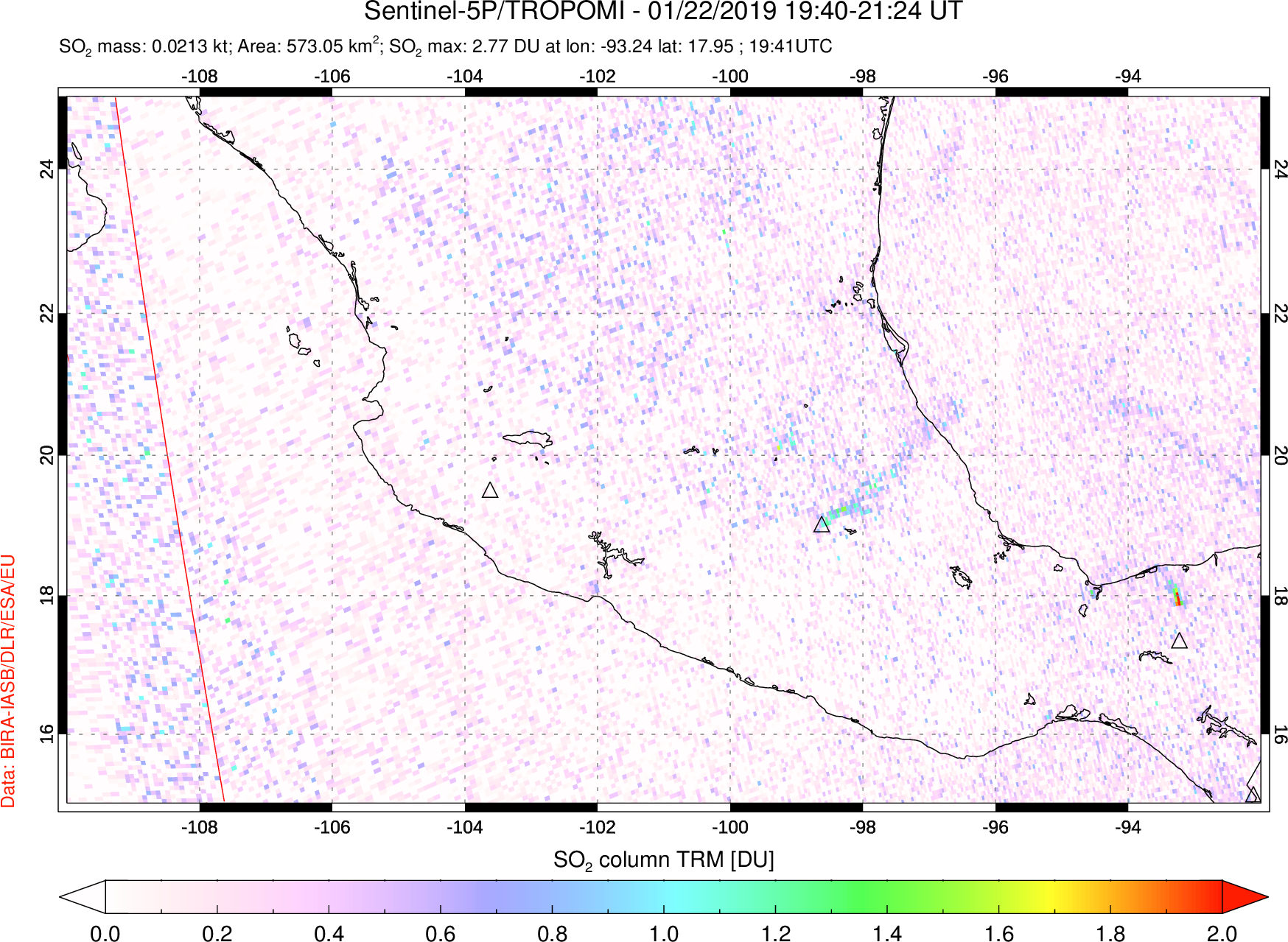 A sulfur dioxide image over Mexico on Jan 22, 2019.