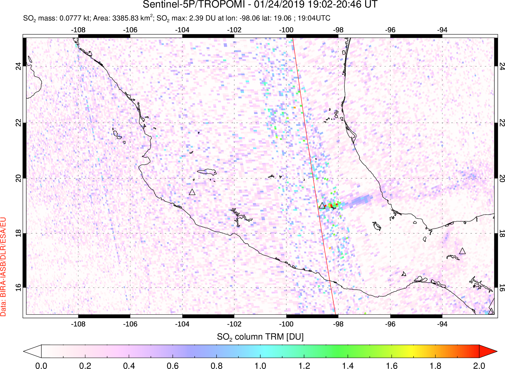 A sulfur dioxide image over Mexico on Jan 24, 2019.