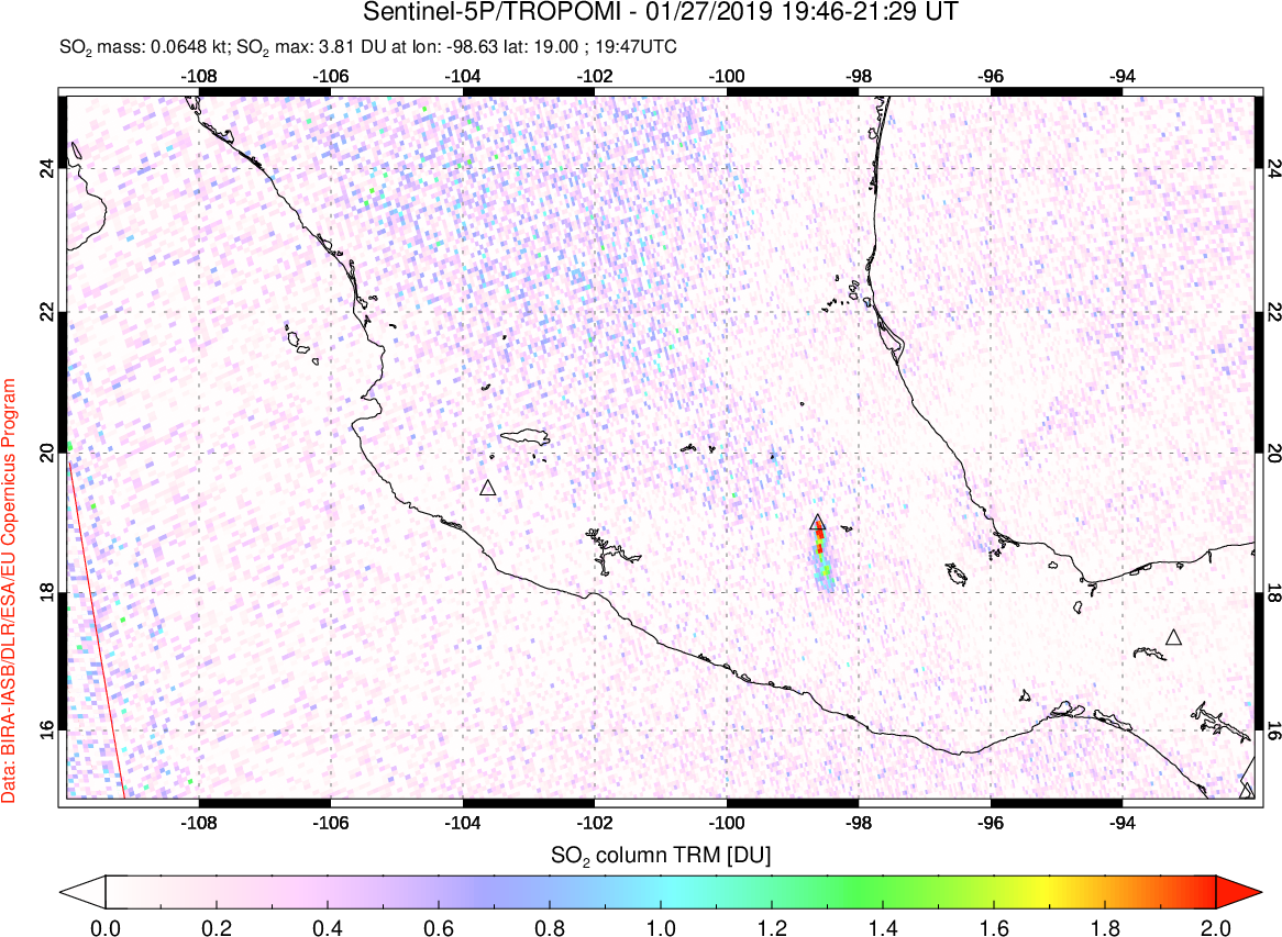 A sulfur dioxide image over Mexico on Jan 27, 2019.