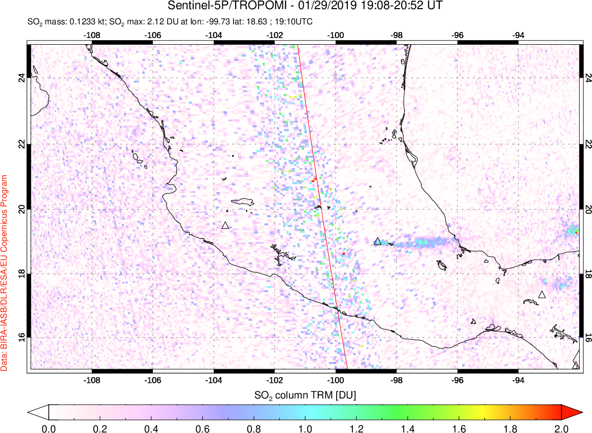 A sulfur dioxide image over Mexico on Jan 29, 2019.