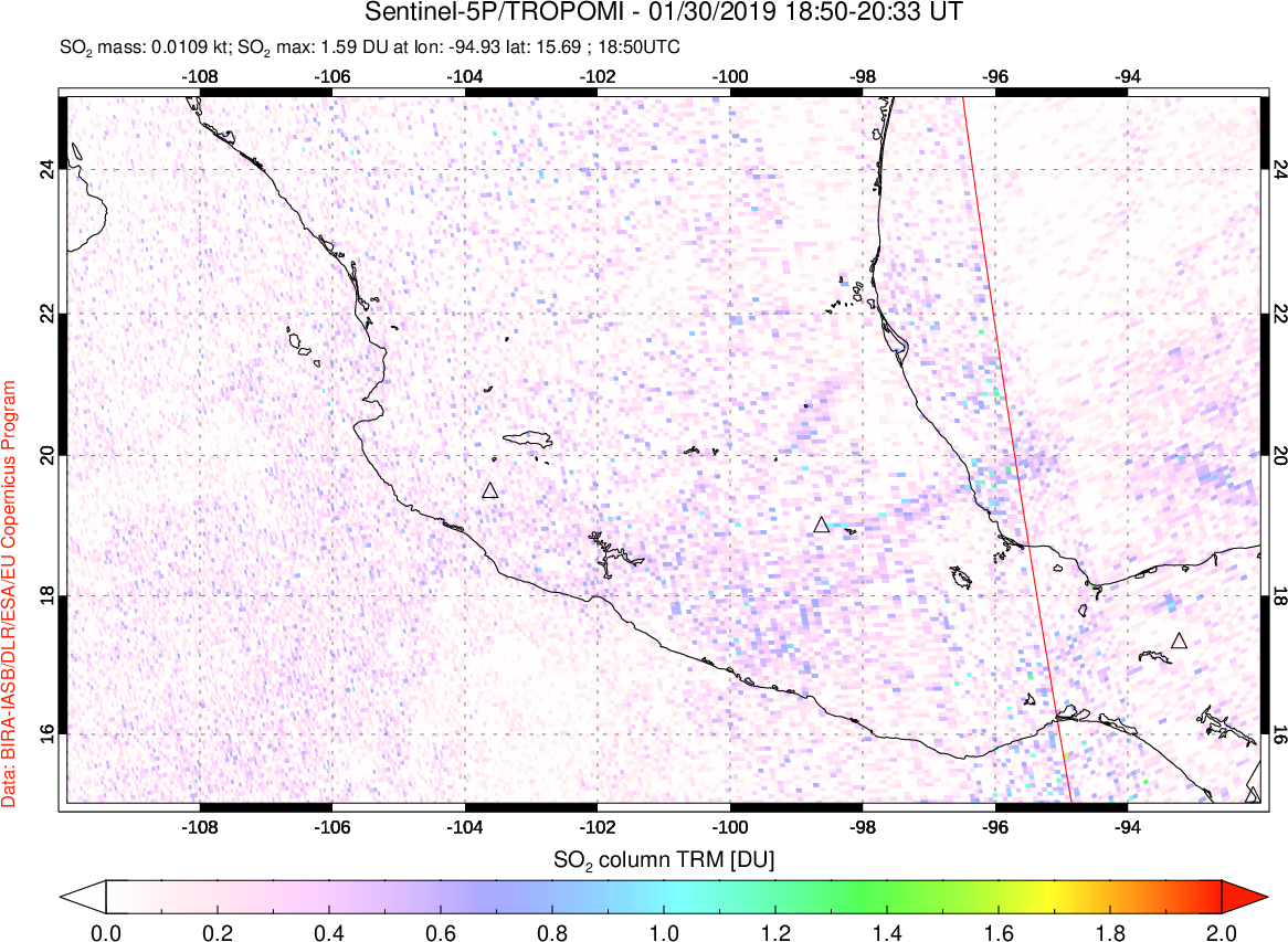 A sulfur dioxide image over Mexico on Jan 30, 2019.