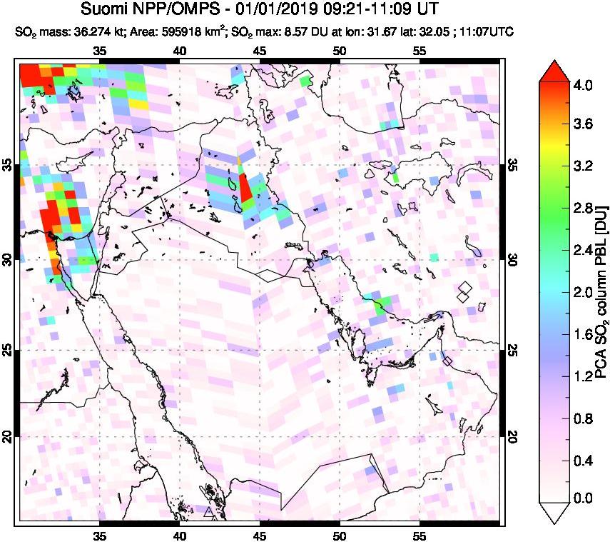 A sulfur dioxide image over Middle East on Jan 01, 2019.