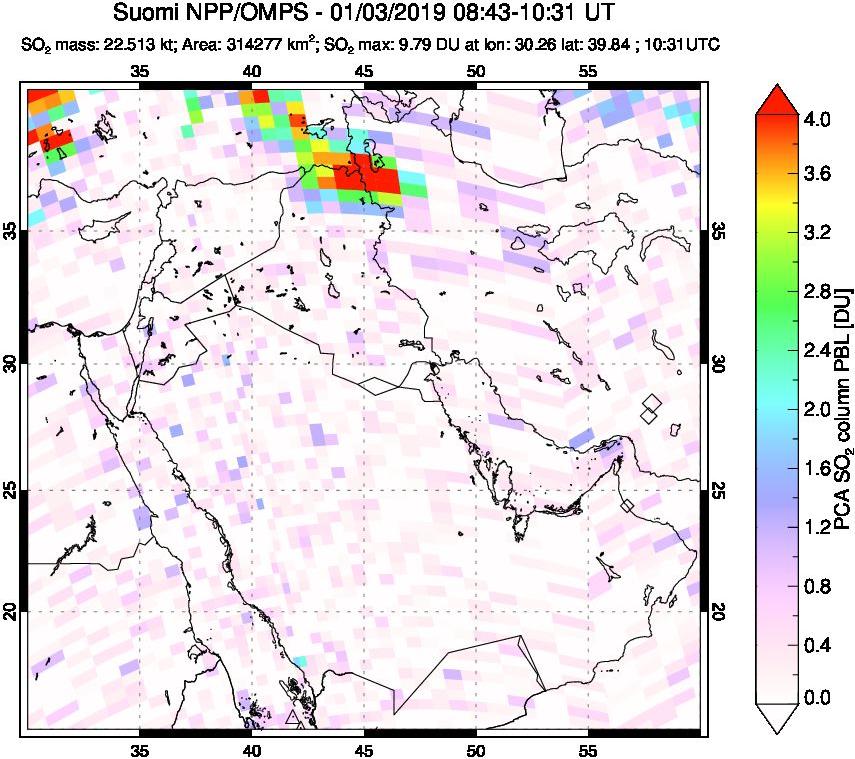 A sulfur dioxide image over Middle East on Jan 03, 2019.