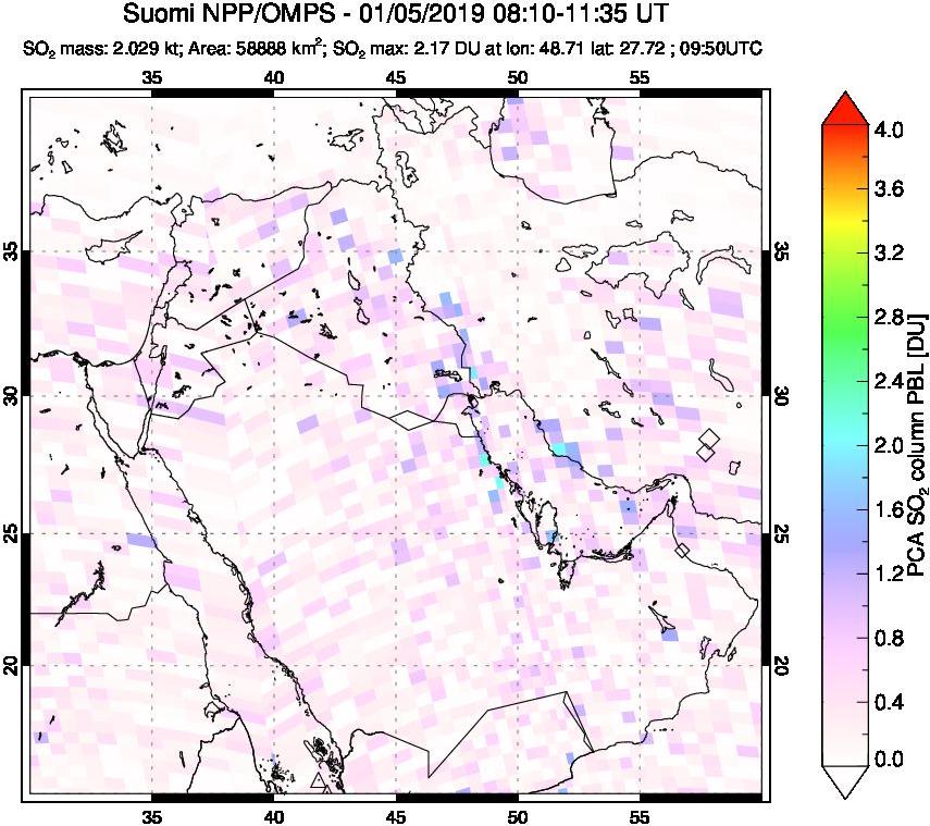 A sulfur dioxide image over Middle East on Jan 05, 2019.