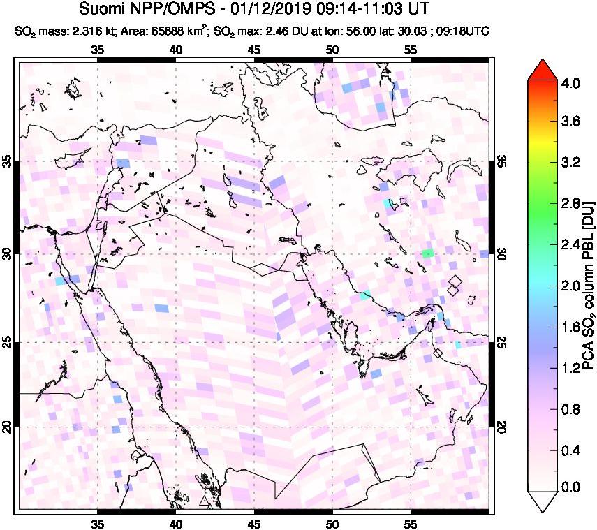 A sulfur dioxide image over Middle East on Jan 12, 2019.