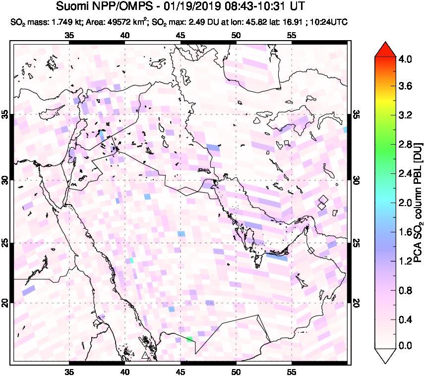 A sulfur dioxide image over Middle East on Jan 19, 2019.