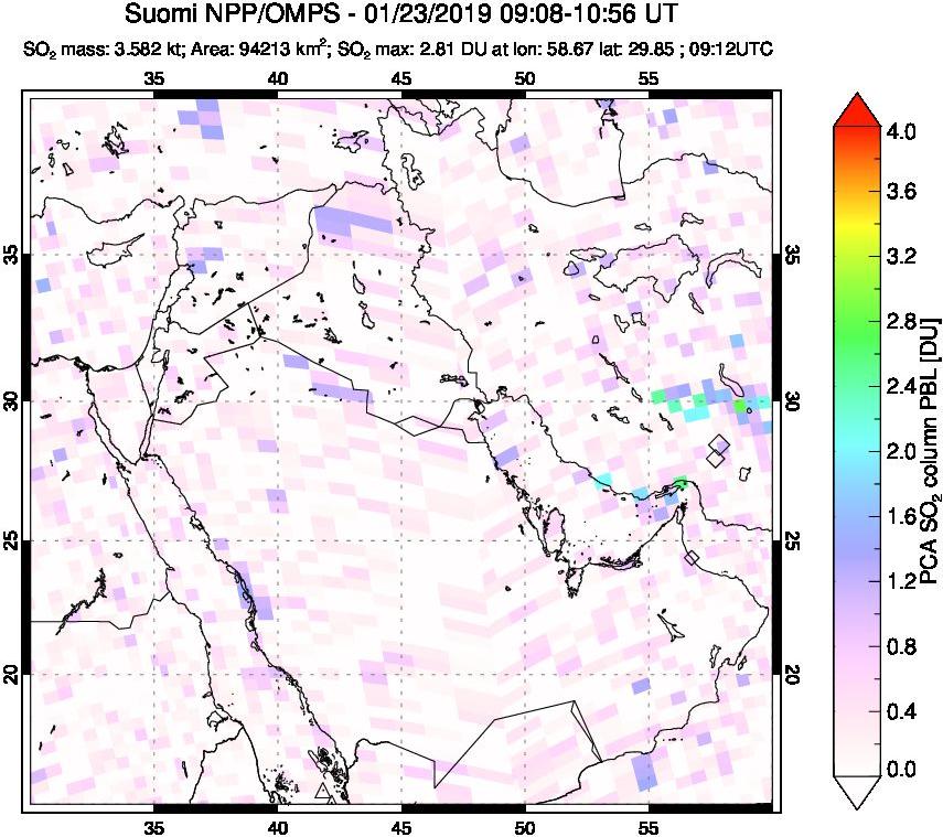 A sulfur dioxide image over Middle East on Jan 23, 2019.