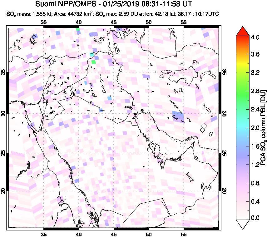 A sulfur dioxide image over Middle East on Jan 25, 2019.