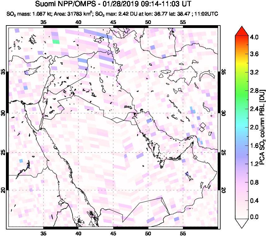 A sulfur dioxide image over Middle East on Jan 28, 2019.