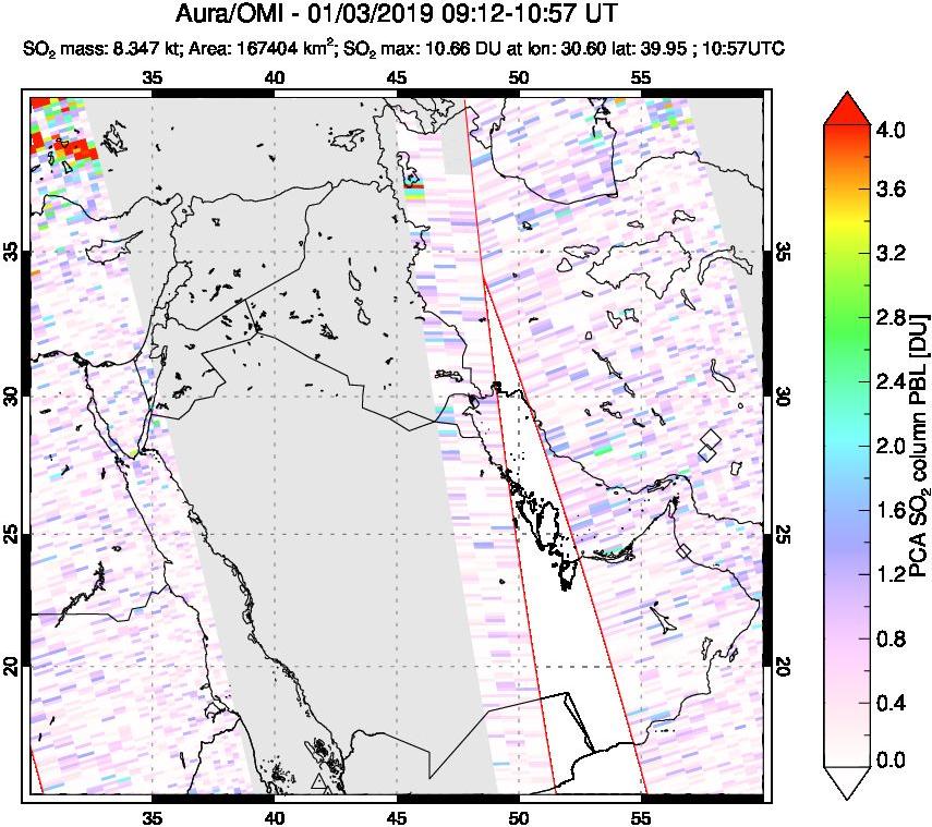 A sulfur dioxide image over Middle East on Jan 03, 2019.