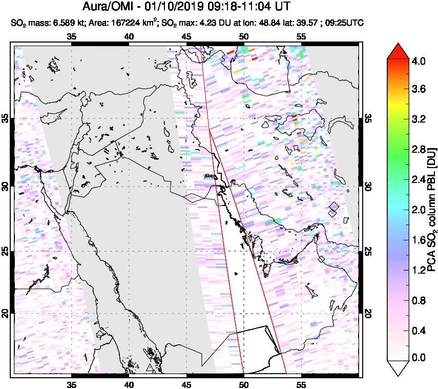 A sulfur dioxide image over Middle East on Jan 10, 2019.