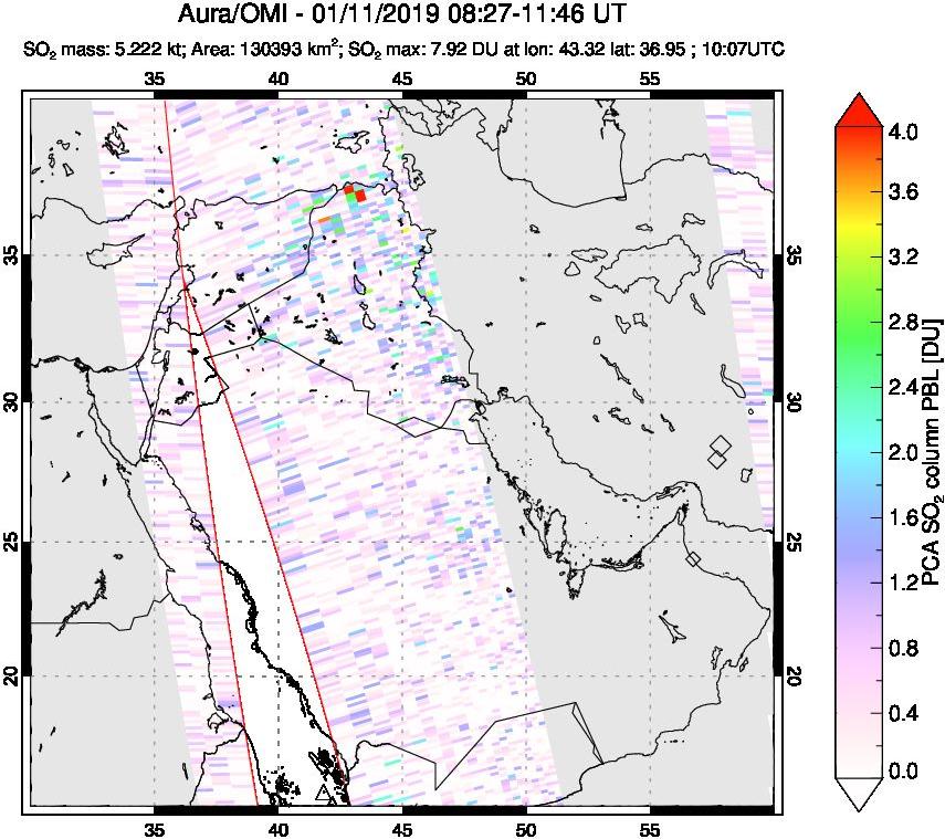A sulfur dioxide image over Middle East on Jan 11, 2019.
