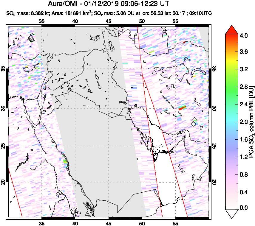 A sulfur dioxide image over Middle East on Jan 12, 2019.