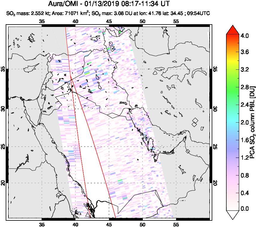 A sulfur dioxide image over Middle East on Jan 13, 2019.