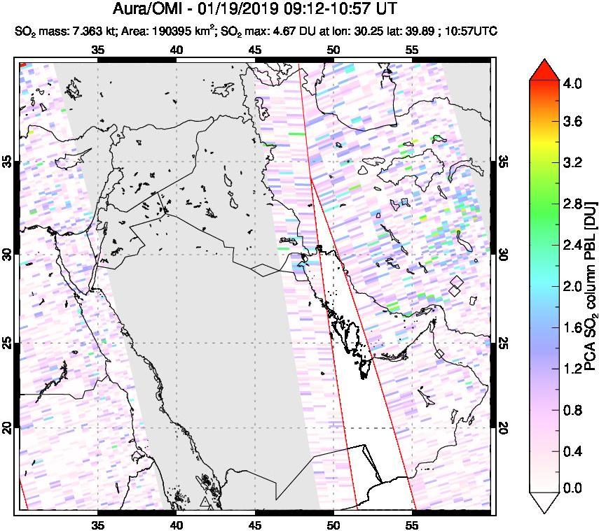 A sulfur dioxide image over Middle East on Jan 19, 2019.