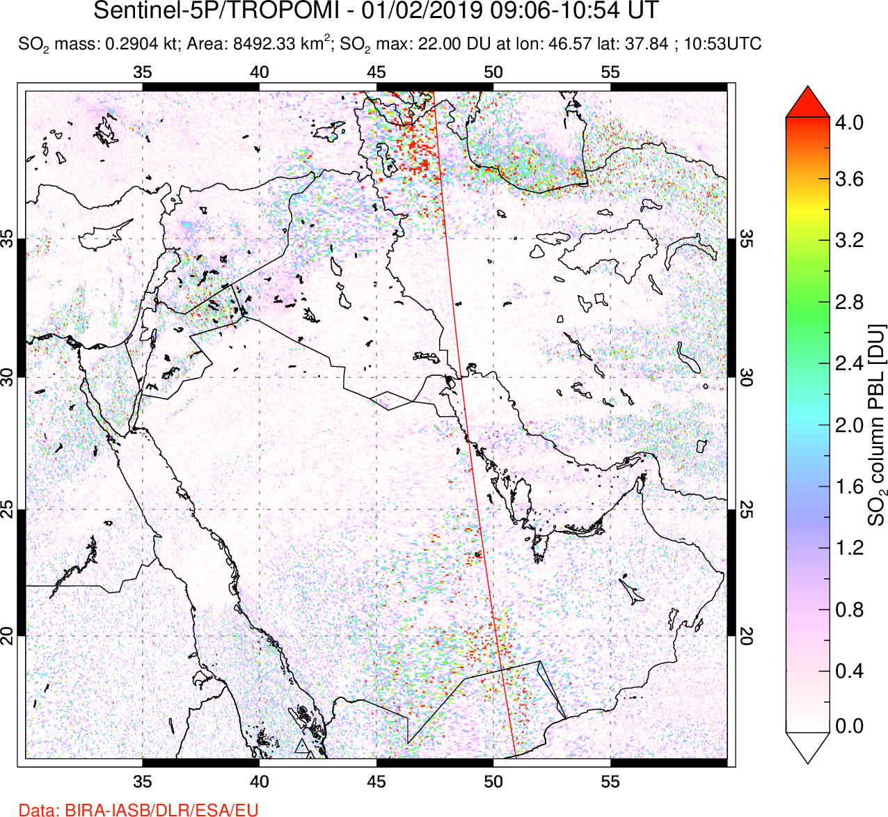 A sulfur dioxide image over Middle East on Jan 02, 2019.