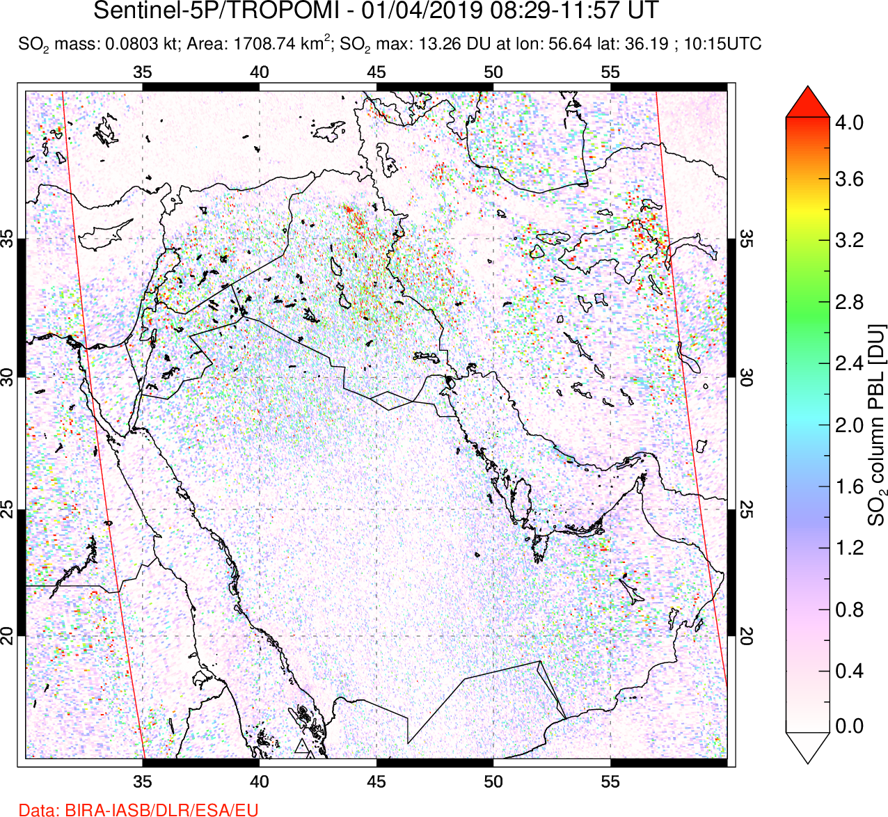 A sulfur dioxide image over Middle East on Jan 04, 2019.