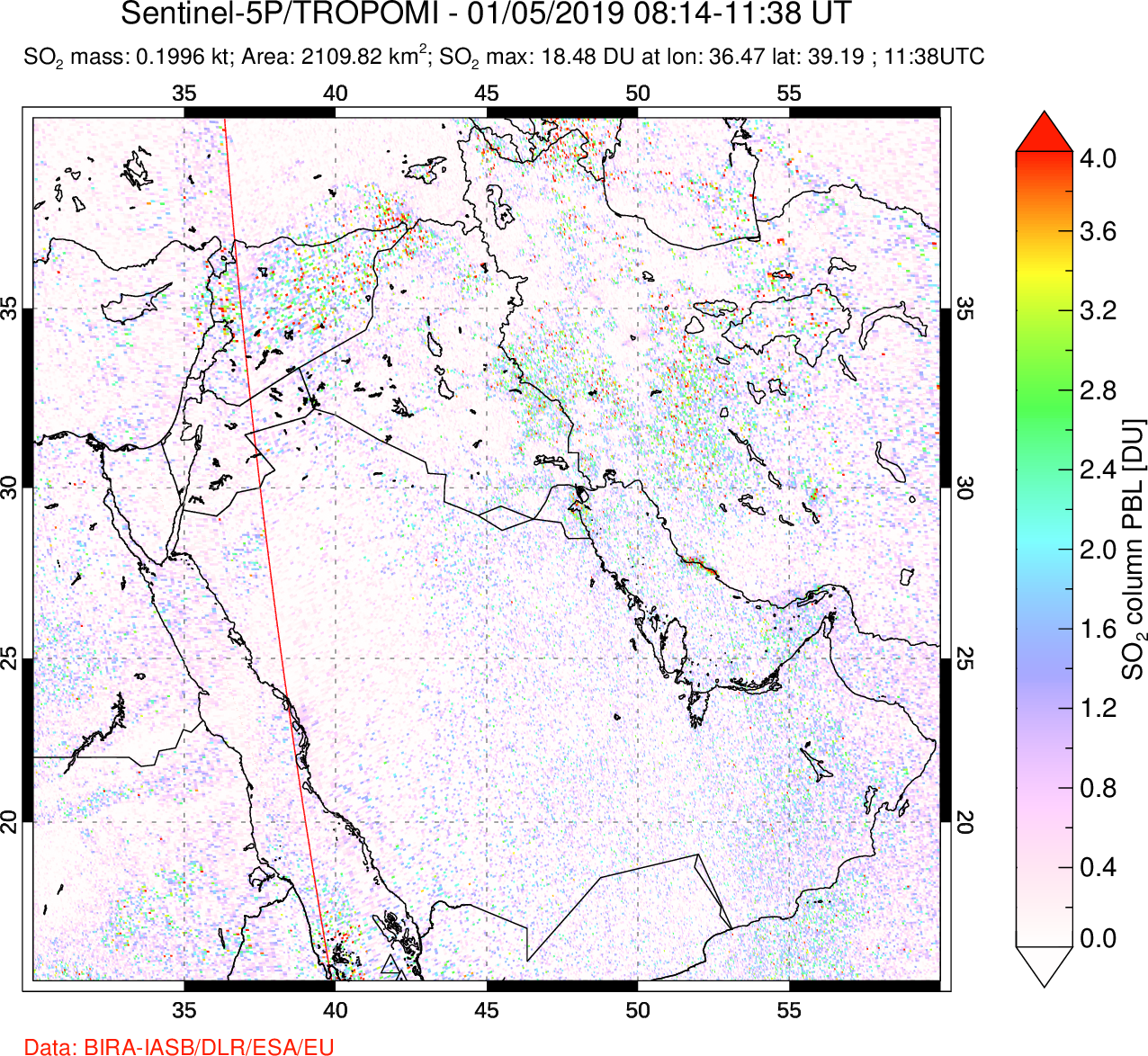 A sulfur dioxide image over Middle East on Jan 05, 2019.