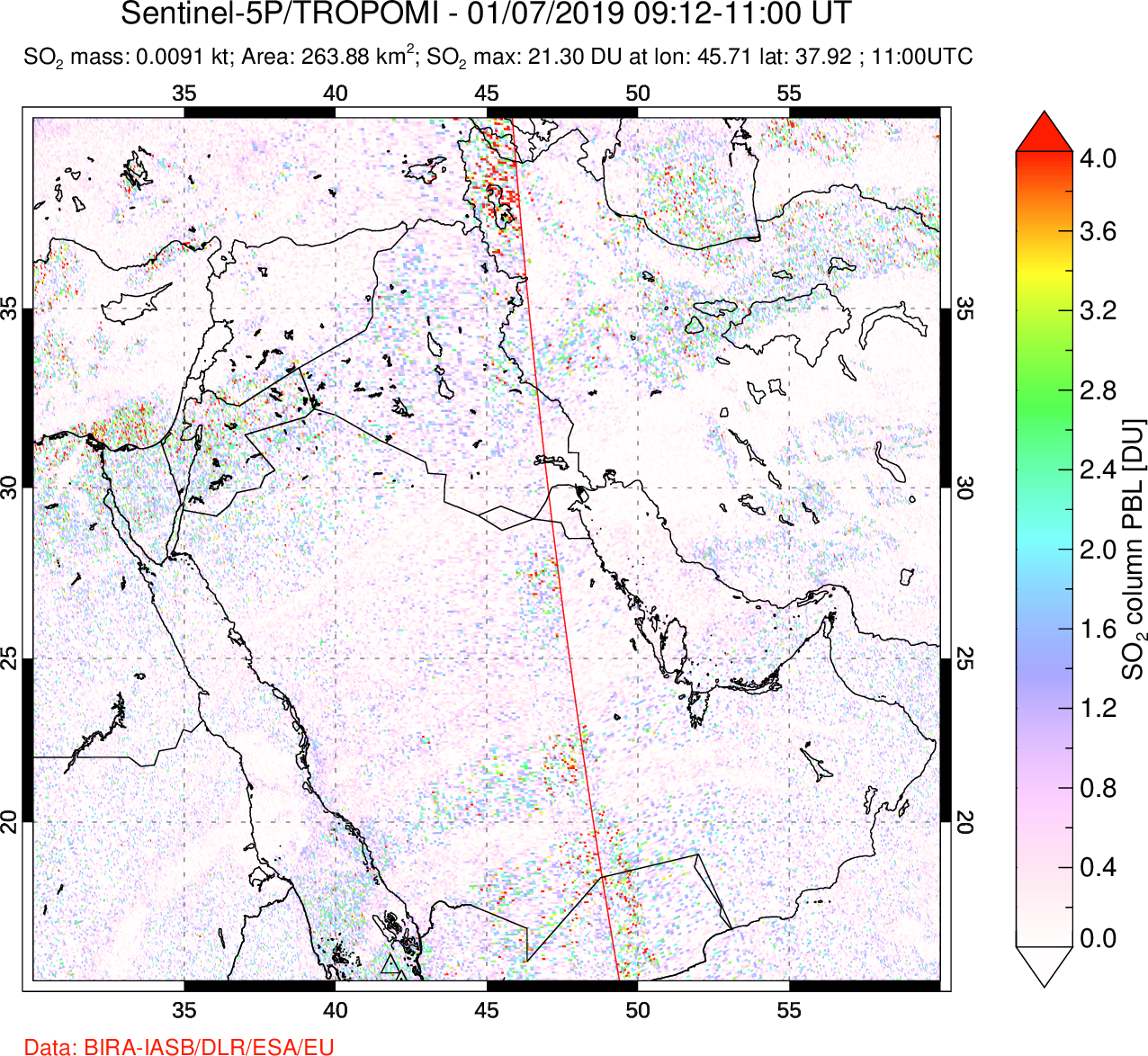 A sulfur dioxide image over Middle East on Jan 07, 2019.