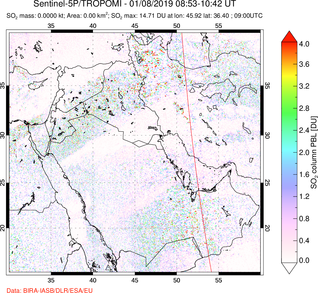 A sulfur dioxide image over Middle East on Jan 08, 2019.