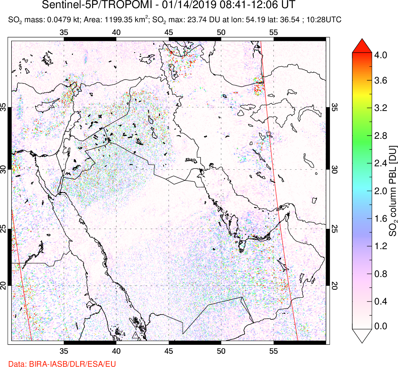 A sulfur dioxide image over Middle East on Jan 14, 2019.