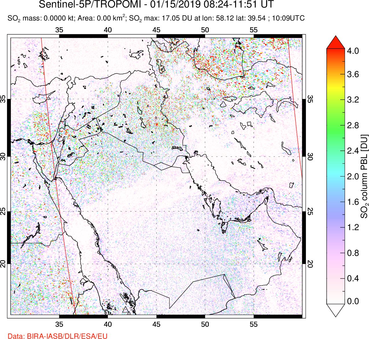 A sulfur dioxide image over Middle East on Jan 15, 2019.