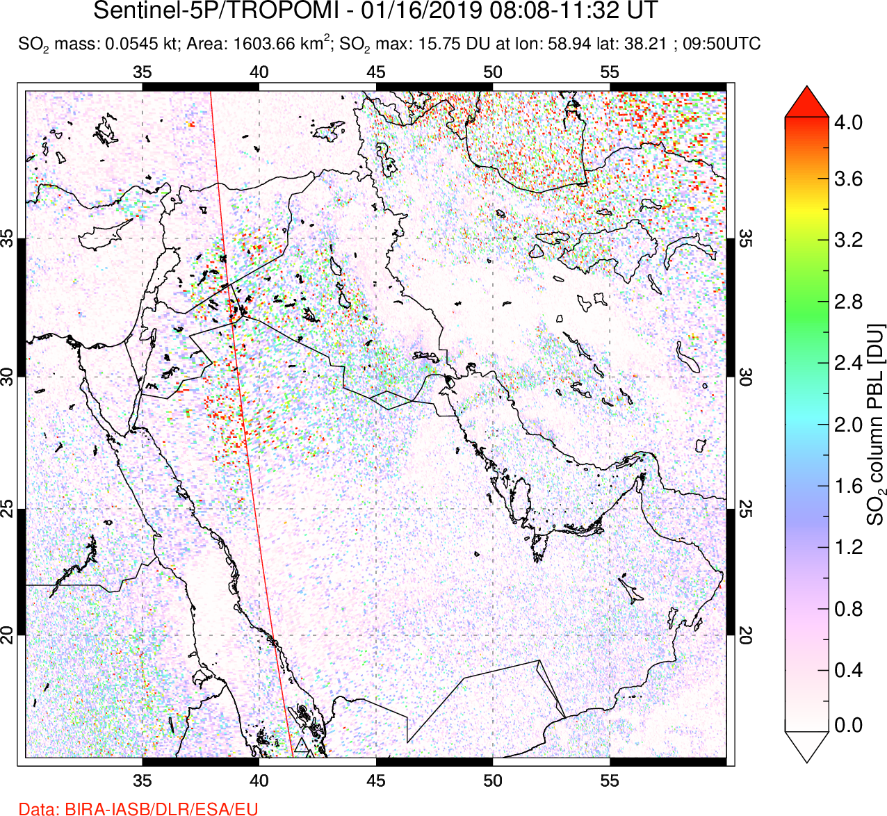 A sulfur dioxide image over Middle East on Jan 16, 2019.