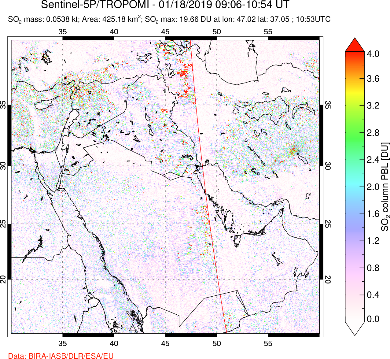 A sulfur dioxide image over Middle East on Jan 18, 2019.